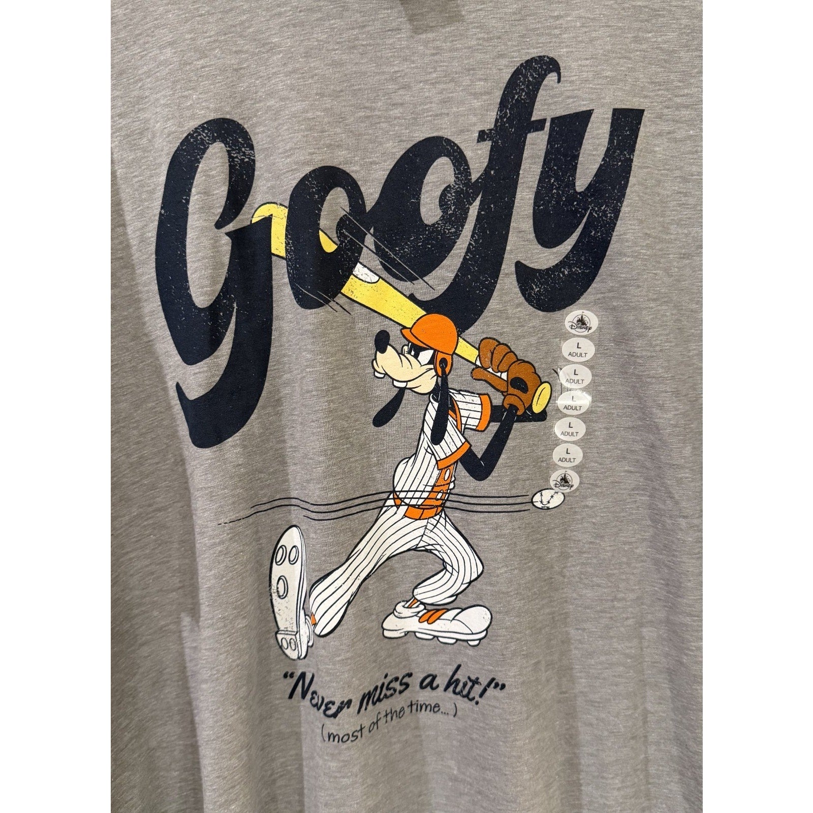 Disney Parks Goofy "Never Miss A Hit!" Ringer T-Shirt Large Baseball Tee NEW