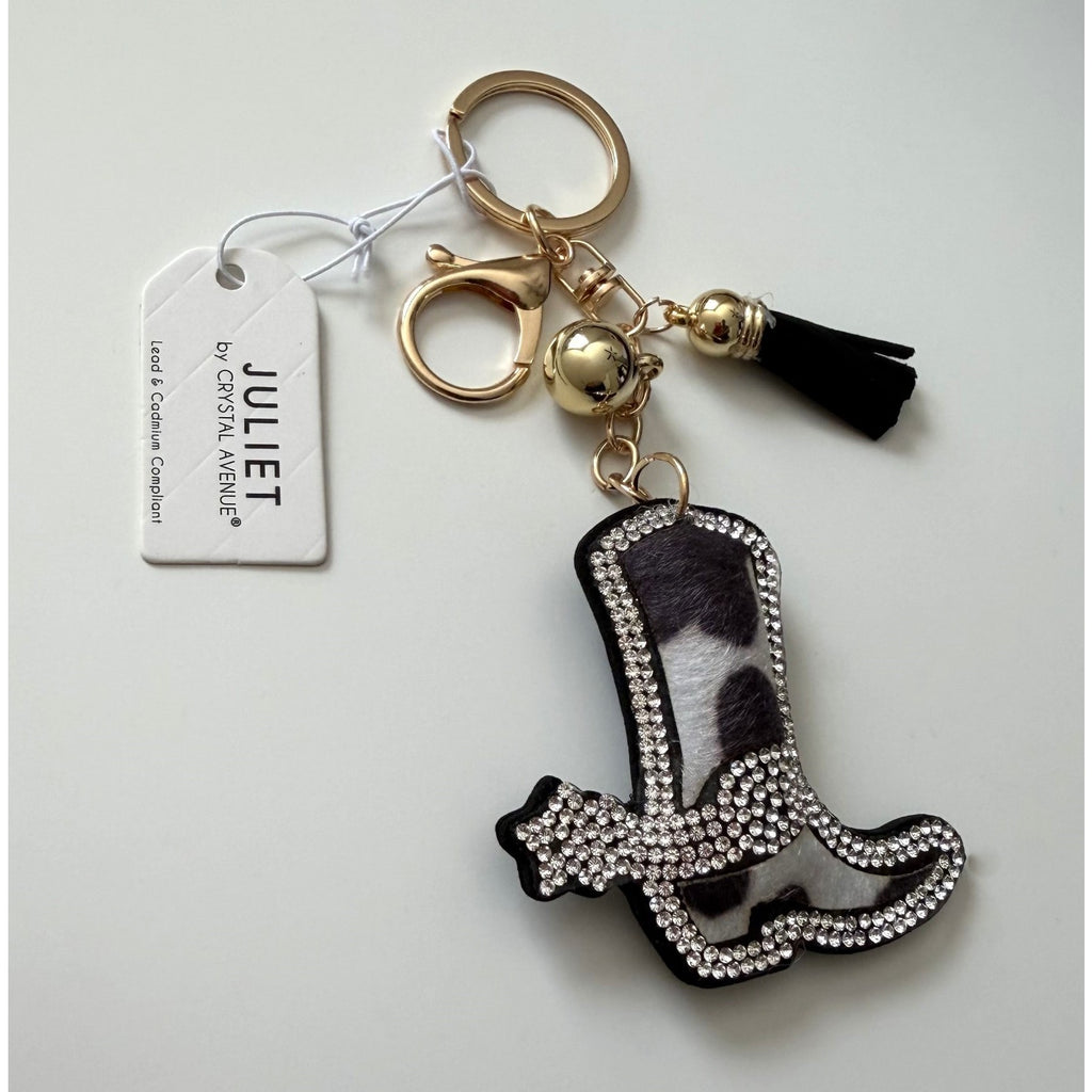 Juliet Crystal Avenue Cowgirl Boot Key Chain/Bag Charm - Cow Print NWT