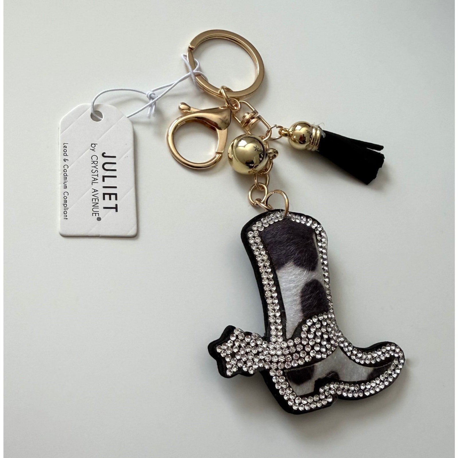 Juliet Crystal Avenue Cowgirl Boot Key Chain/Bag Charm - Cow Print NWT