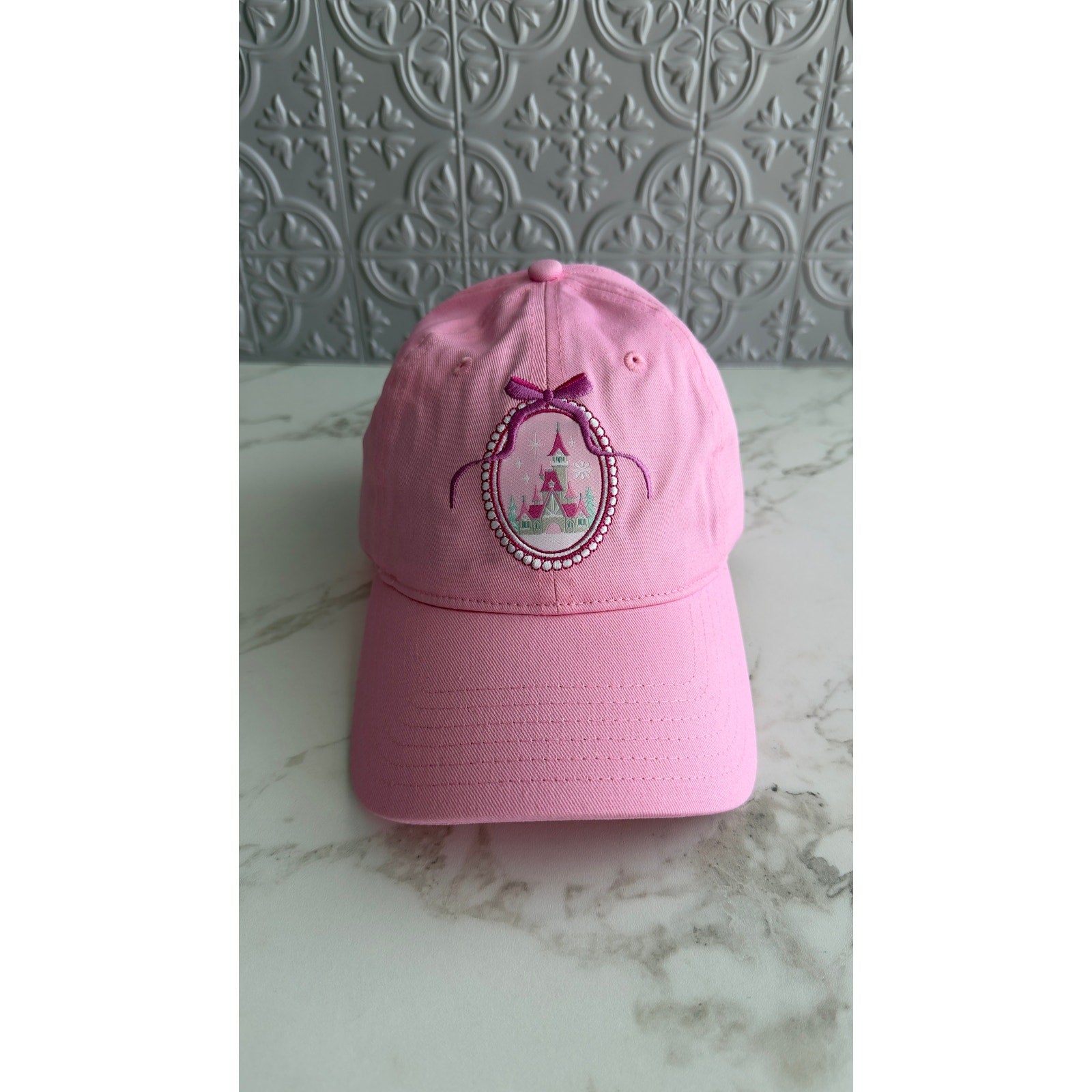 Disney Parks Pink Embroidered Castle Cameo Bow Baseball Cap Hat Adjustable NEW
