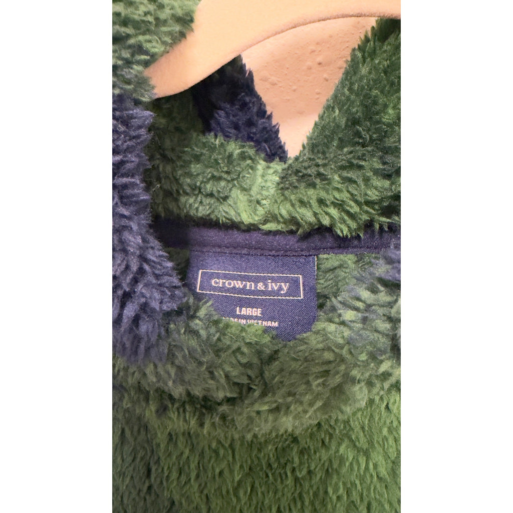 Crown & Ivy Green Plaid Sherpa Hoodie Mens Large Fleece Pullover
