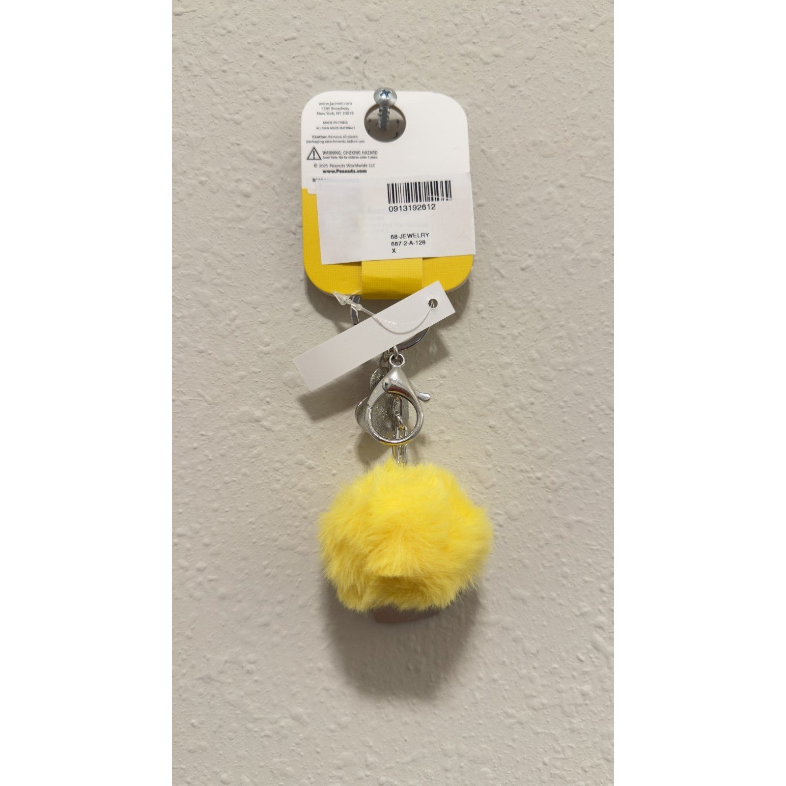 NWT Peanuts Snoopy & Woodstock Yellow Pom Pom Heart Bag Tag Keychain