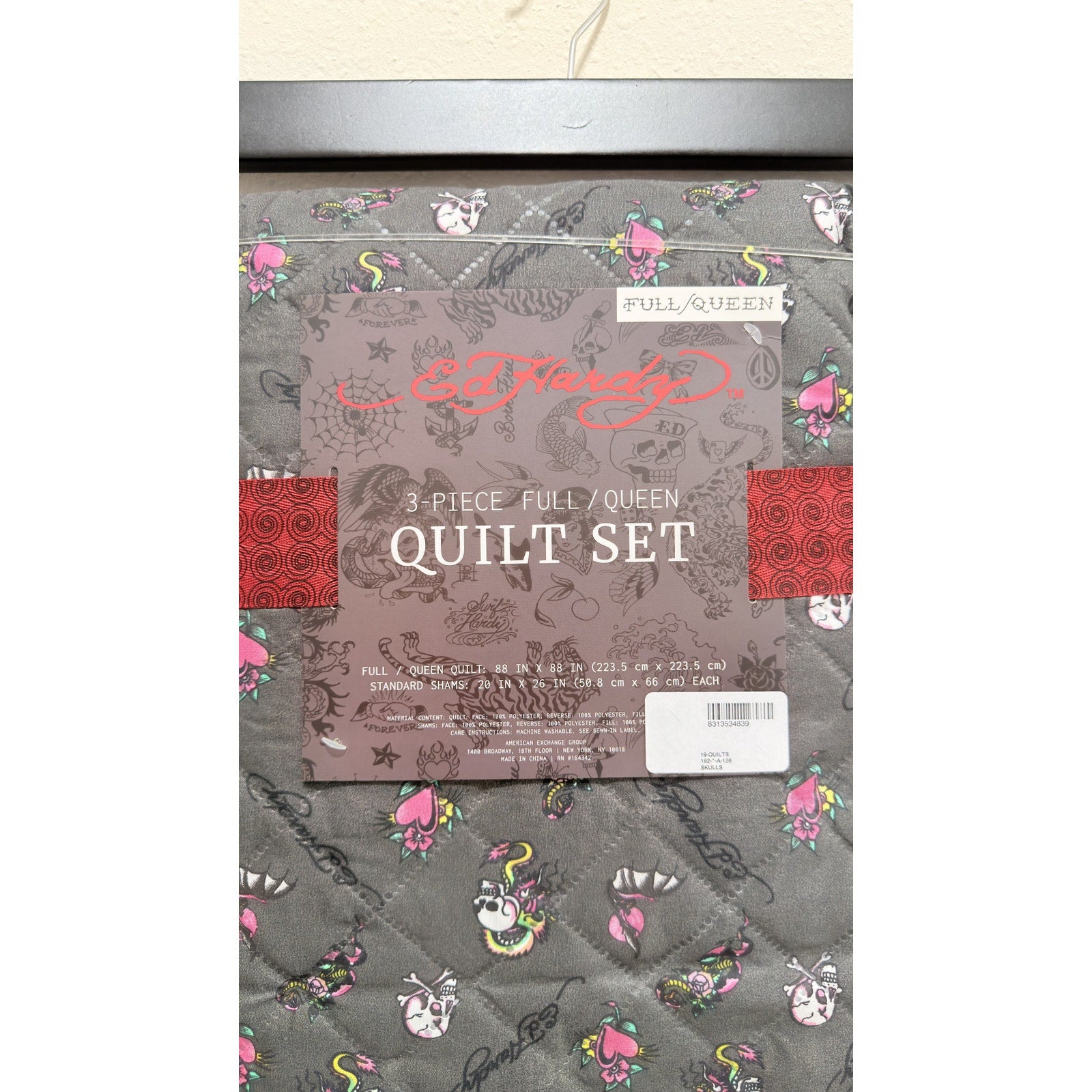Ed Hardy 3 Piece Full/Queen Quilt Set Skulls Hearts Tattoo Grey Pink NWT