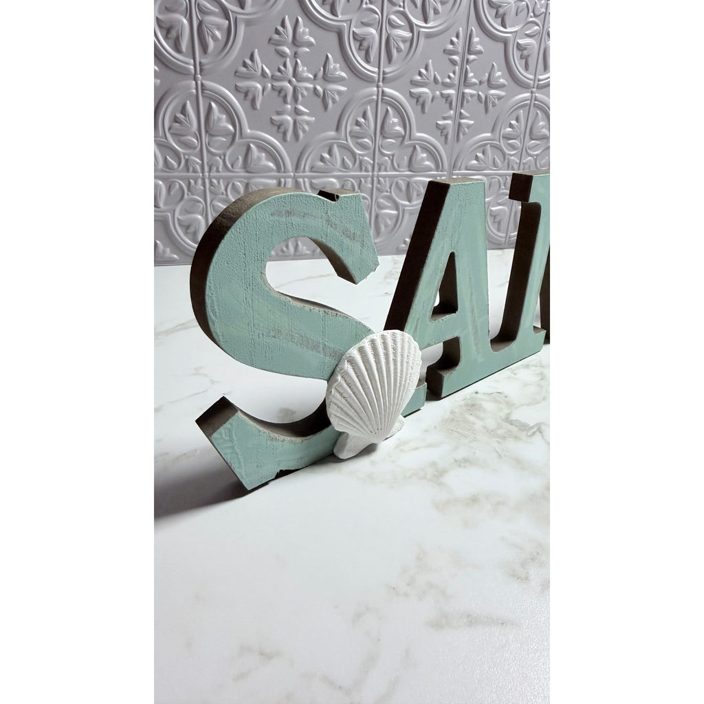 Rustic Wood SAND Sign Beach House Wall Decor Distressed Seafoam Blue Cutout