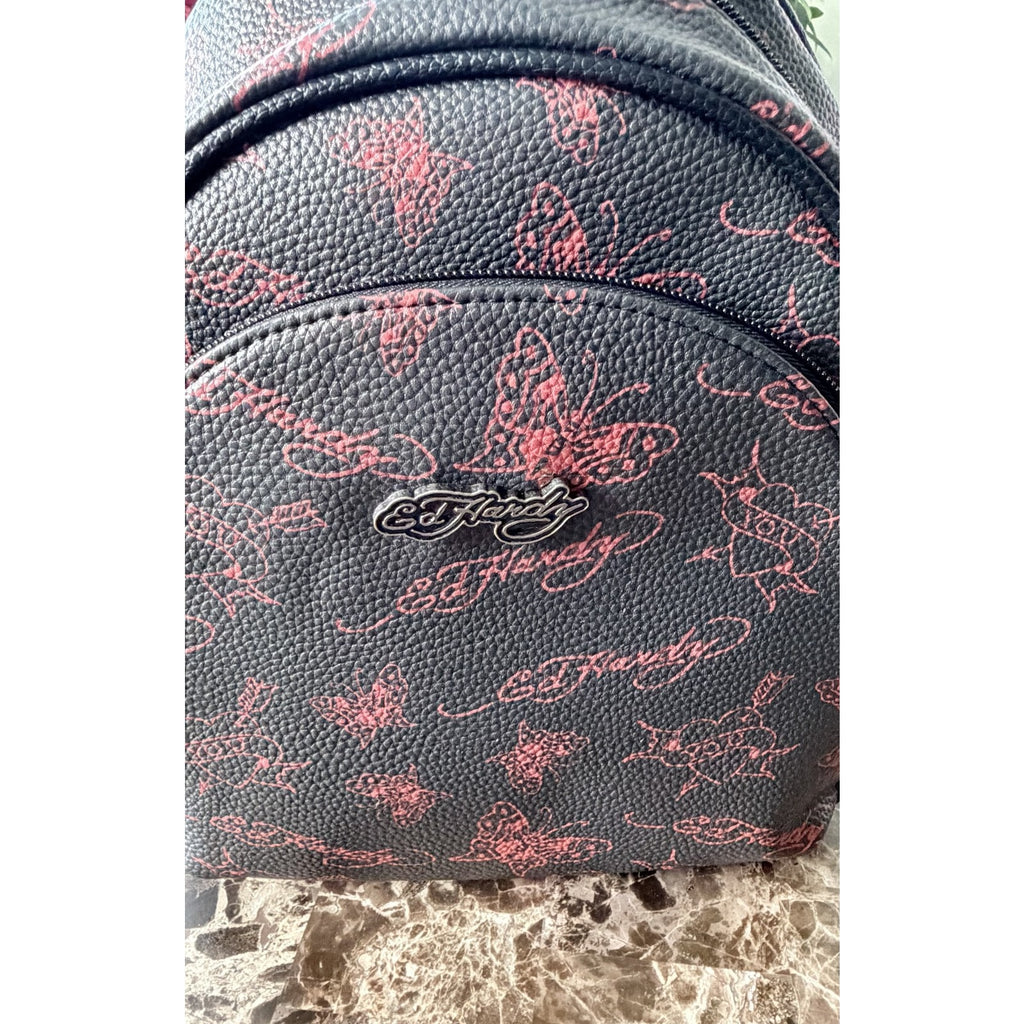 NEW Ed Hardy Black & Red Tattoo Design Mini Backpack - Butterfly & Skull Charms