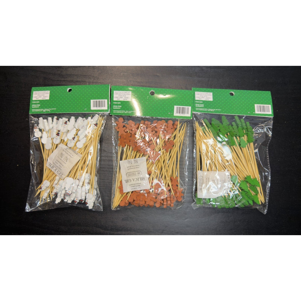 300pc Holiday Bamboo Skewers – Tree, Snowman, & Gingerbread Man NIB
