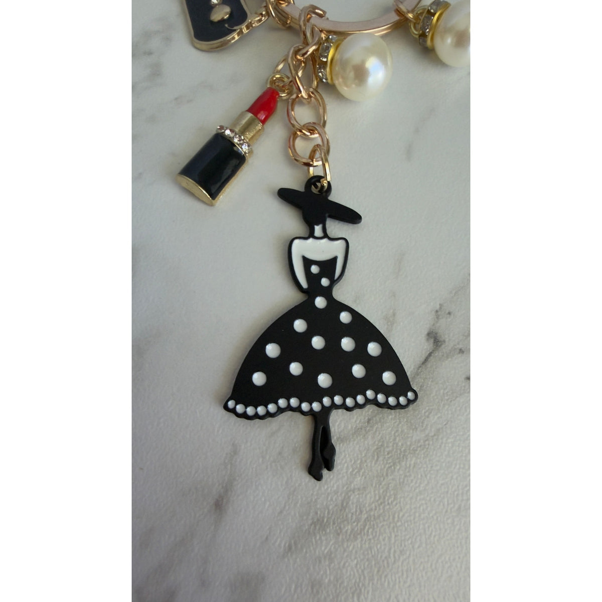 Polka Dot Dress Lipstick Fashion Woman Bag Charm Keychain NEW